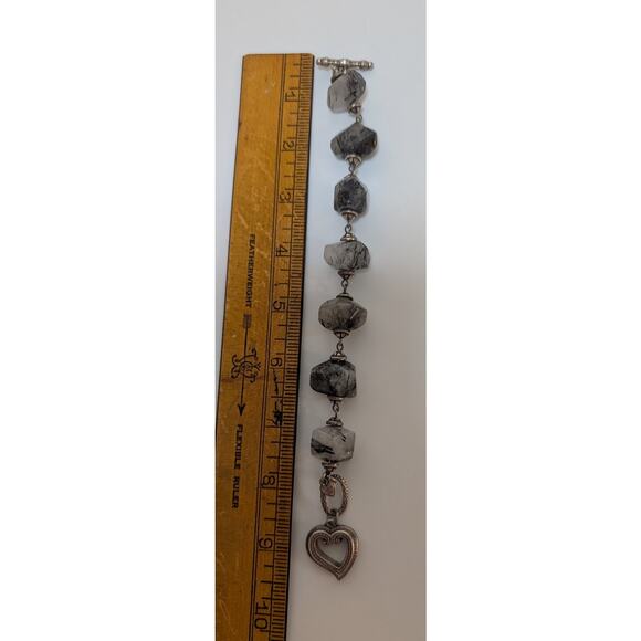 Brighton Heart Charm Bracelet 7.5in Black Tourmaline Beads Silver Tone retired - Picture 3 of 3